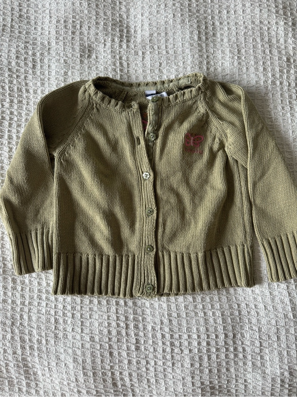 Vintage Baby Gap Olive Green Baby Cardigan with Pink Embroidered Logo